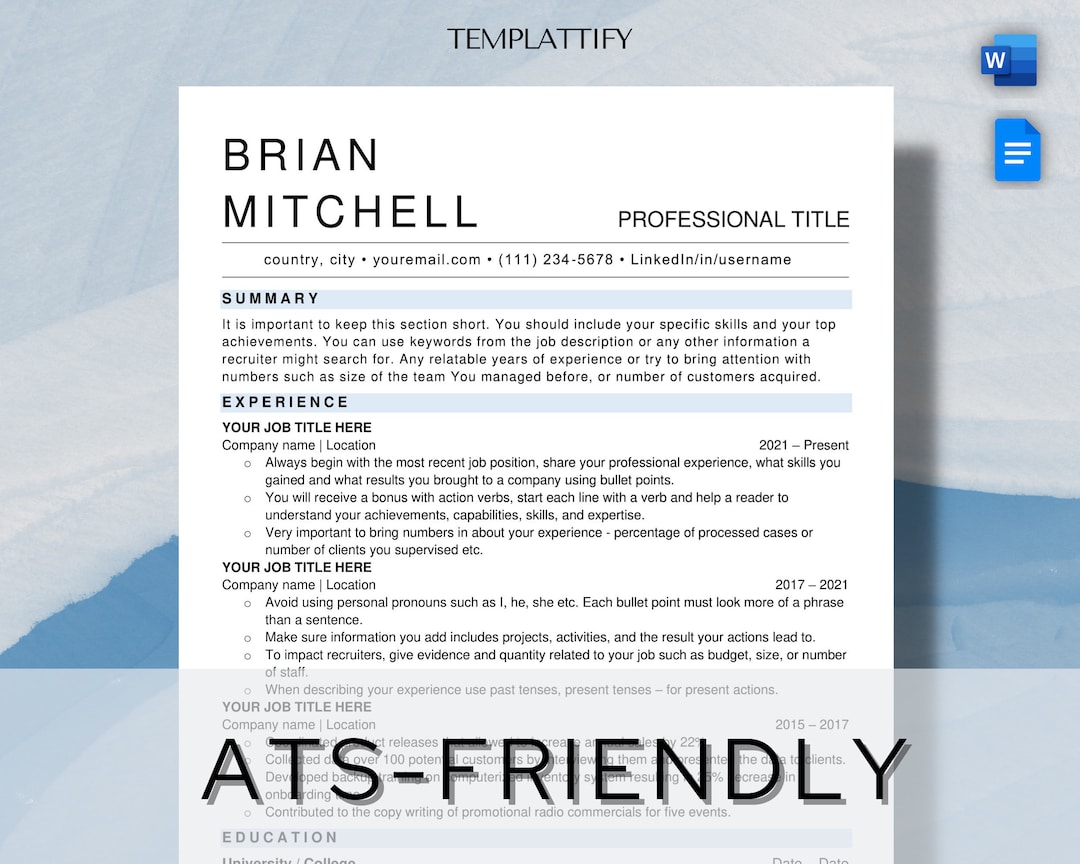 2024 ATS Professional Resume Template Word Cover Letter CV Template ...